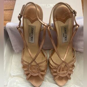 JIMMY CHOO Rose Gold Metallic Leather Slingback Side Buckle Heel Sandals Sz 38.5